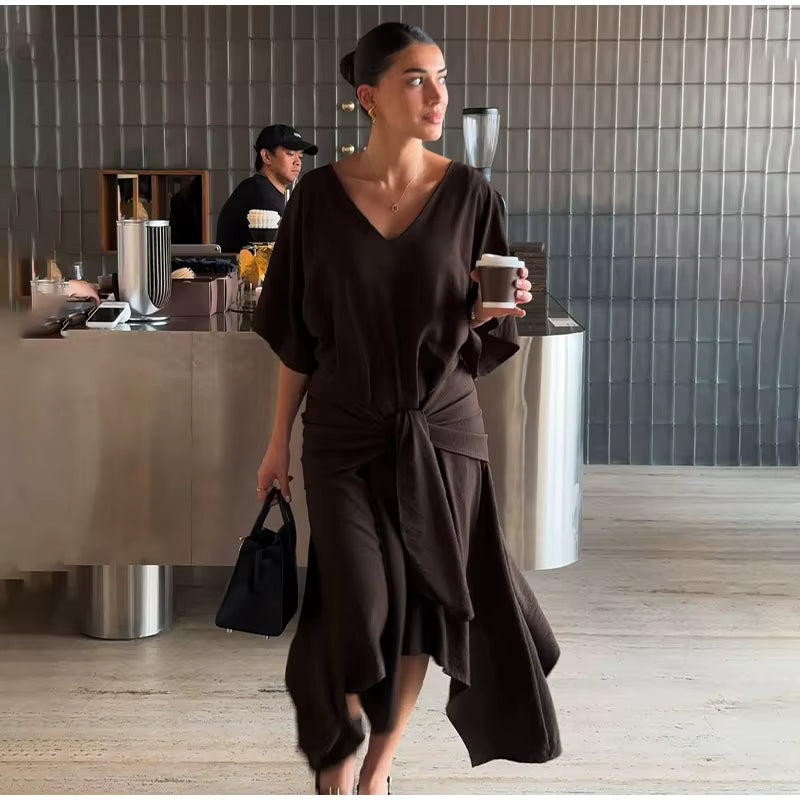 Causal V-neck Short Sleeve Oversized Pleated Lace-up Maxi Dress