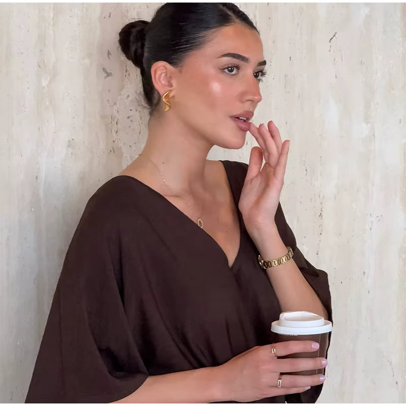 Causal V-neck Short Sleeve Oversized Pleated Lace-up Maxi Dress