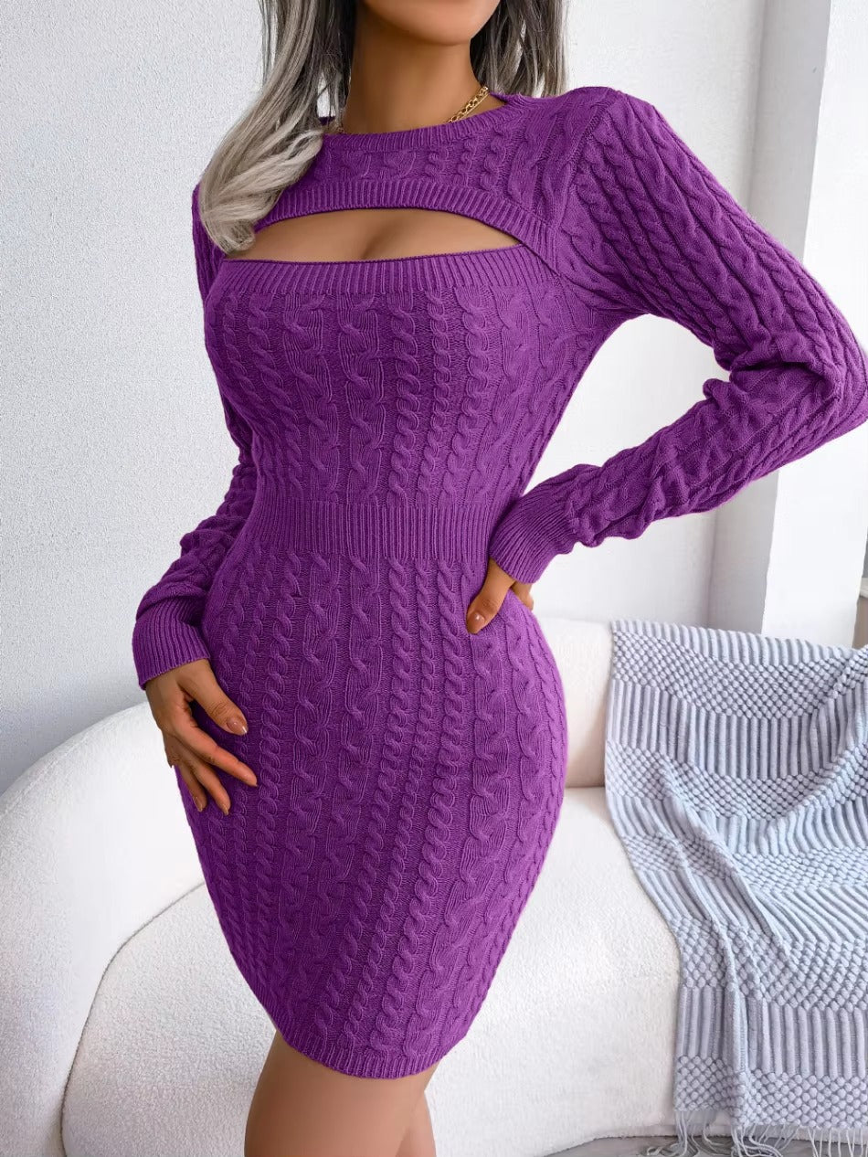 Charming Acrylic Long Sleeves Jewel Neck Knitted Dress