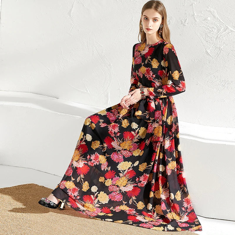 Charming Floral Print Chiffon Party Maxi Dresses