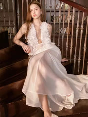 Charming Deep V-Neck Ruffled Flower Mesh Design Sleeveless Dress