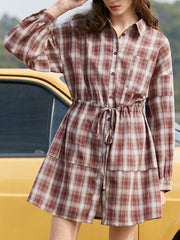 Check Drawstring Button Pocket Long Sleeve Shirt Dress