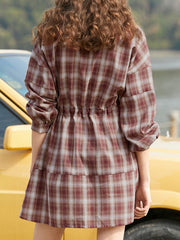 Check Drawstring Button Pocket Long Sleeve Shirt Dress