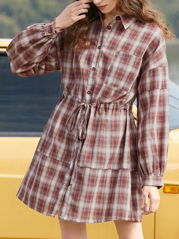Check Drawstring Button Pocket Long Sleeve Shirt Dress