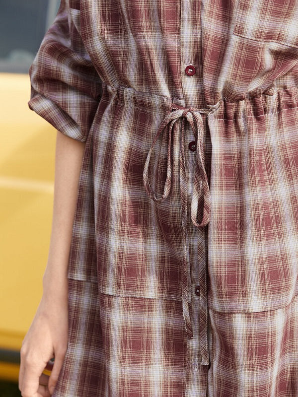 Check Drawstring Button Pocket Long Sleeve Shirt Dress