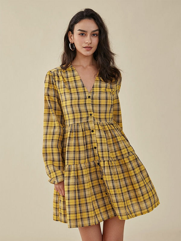 Check Print Button V-neck Long Sleeve Casual Dress
