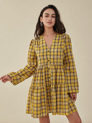 Check Print Button V-neck Long Sleeve Casual Dress