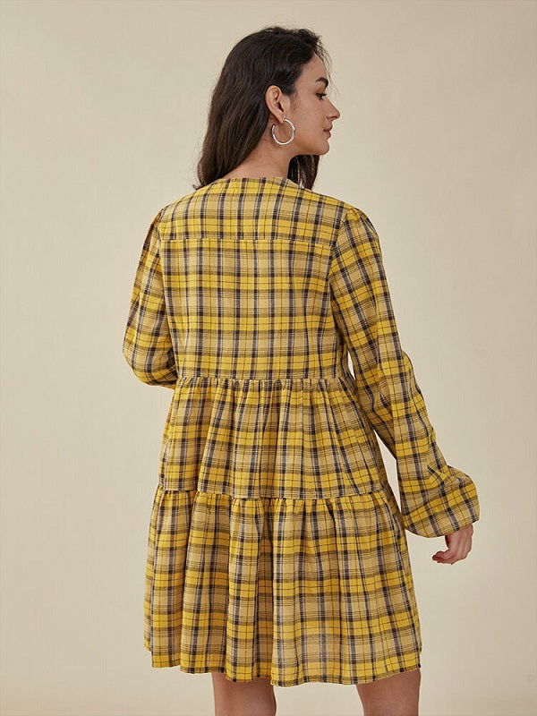 Check Print Button V-neck Long Sleeve Casual Dress