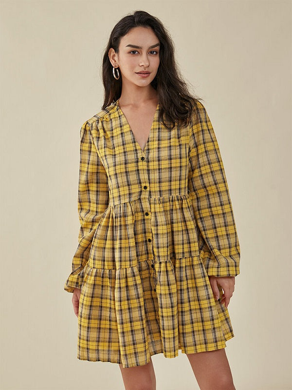 Check Print Button V-neck Long Sleeve Casual Dress