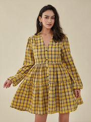 Check Print Button V-neck Long Sleeve Casual Dress