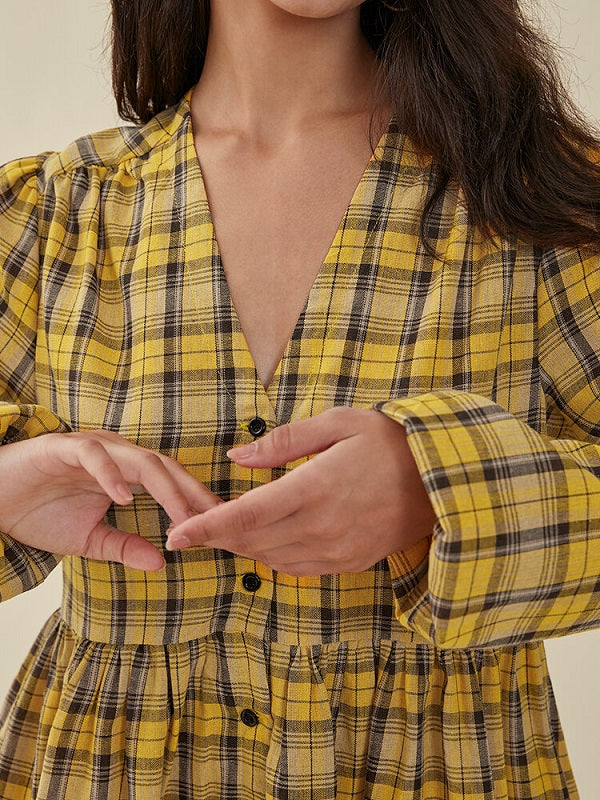Check Print Button V-neck Long Sleeve Casual Dress