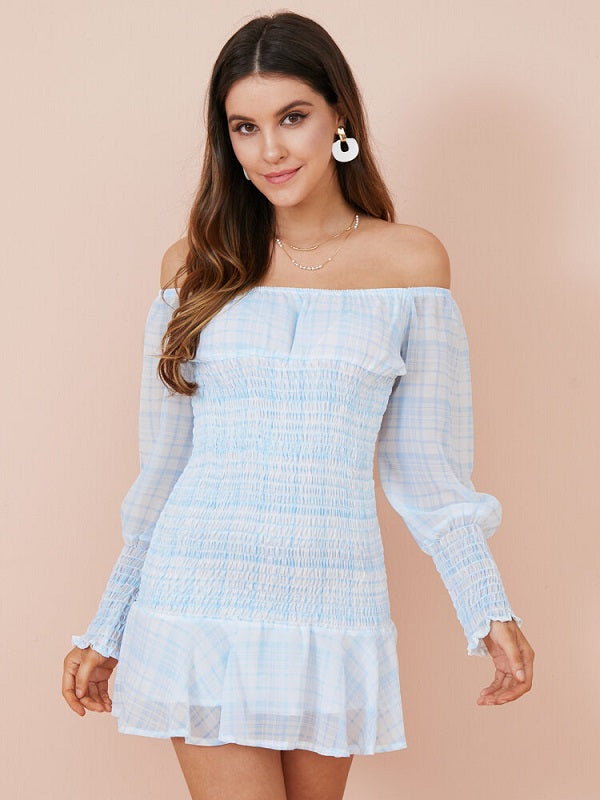 Check Print Off Shoulder Long Sleeve Chiffon Mini Dress