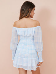 Check Print Off Shoulder Long Sleeve Chiffon Mini Dress
