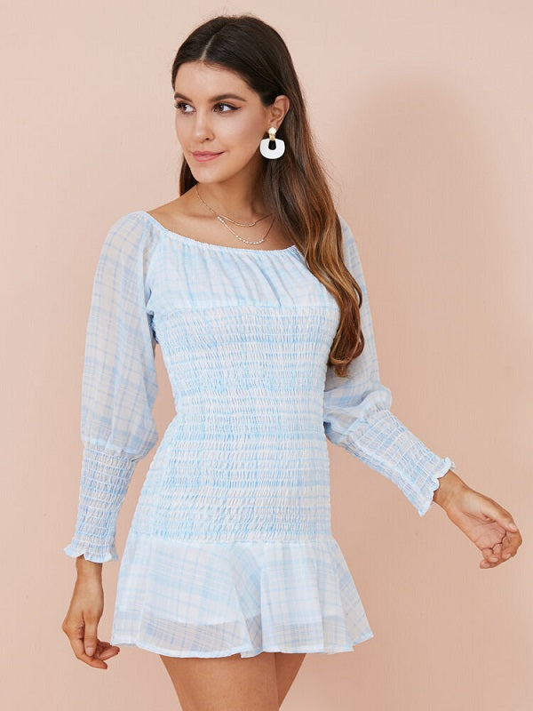 Check Print Off Shoulder Long Sleeve Chiffon Mini Dress