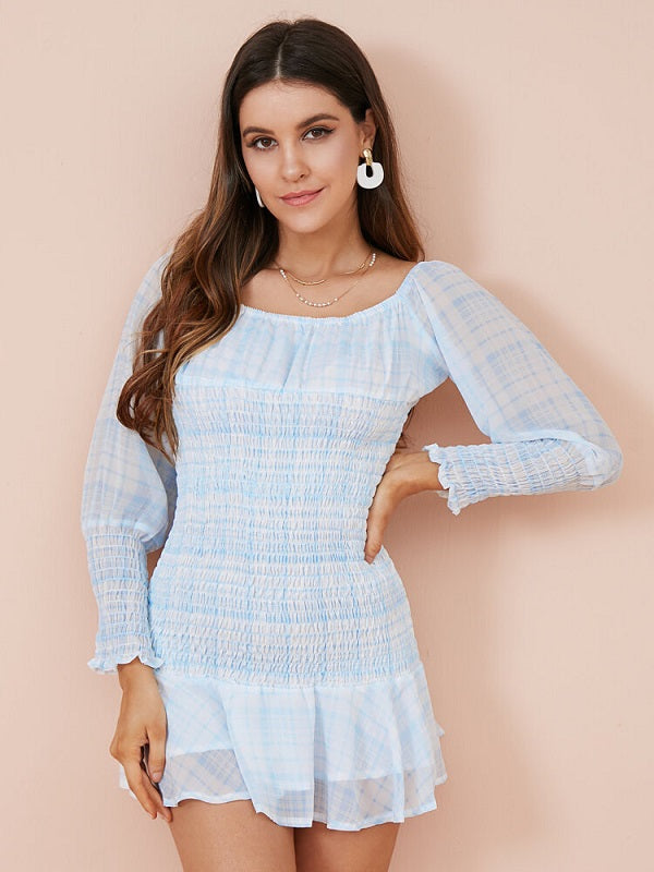 Check Print Off Shoulder Long Sleeve Chiffon Mini Dress