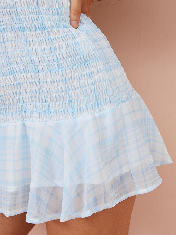 Check Print Off Shoulder Long Sleeve Chiffon Mini Dress
