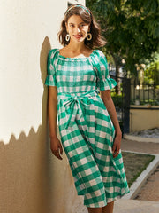 Check Print Puff Sleeve Belt Shirred Square Collar Dress