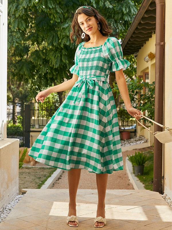 Check Print Puff Sleeve Belt Shirred Square Collar Dress