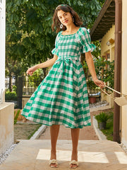 Check Print Puff Sleeve Belt Shirred Square Collar Dress
