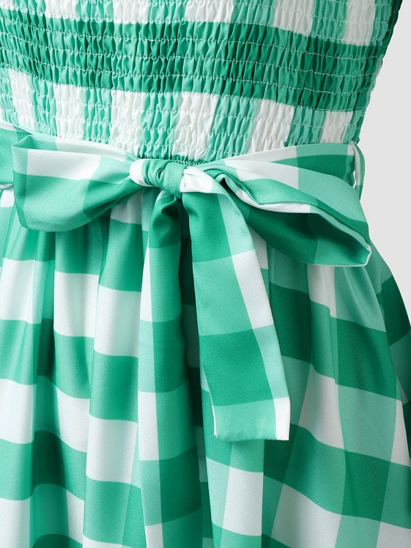 Check Print Puff Sleeve Belt Shirred Square Collar Dress