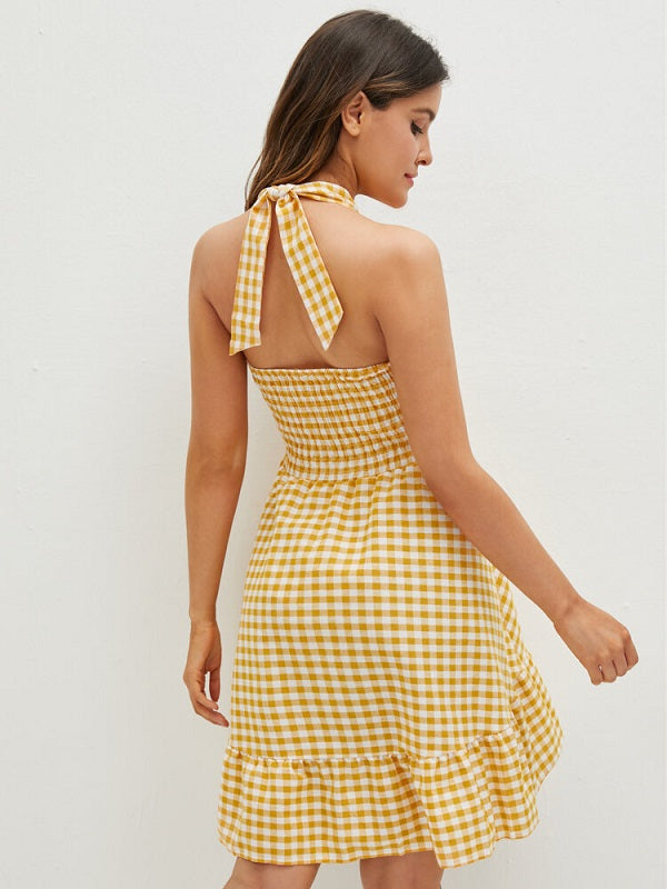Check Print Smocked Self Tie Halter Cut Out Open Back Dress