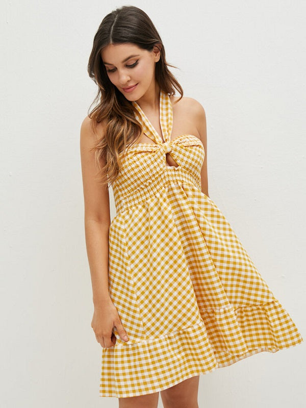 Check Print Smocked Self Tie Halter Cut Out Open Back Dress