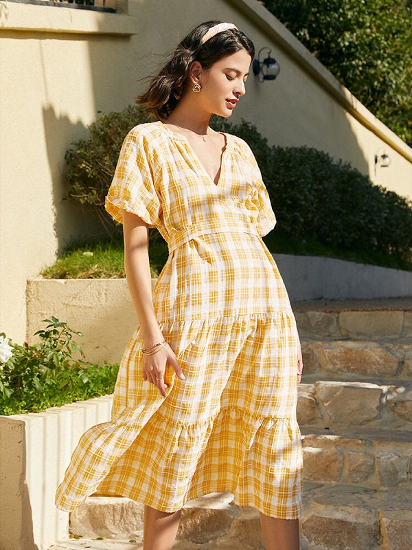 Check Print Tie Puff Sleeve V-neck Dress