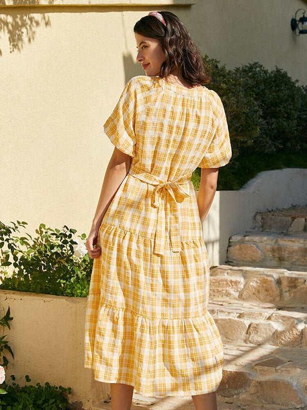 Check Print Tie Puff Sleeve V-neck Dress