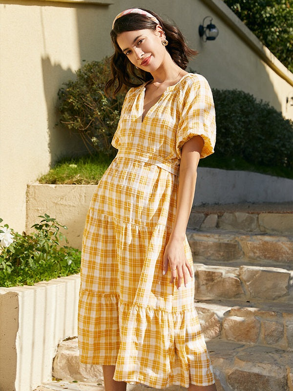 Check Print Tie Puff Sleeve V-neck Dress