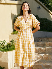 Check Print Tie Puff Sleeve V-neck Dress