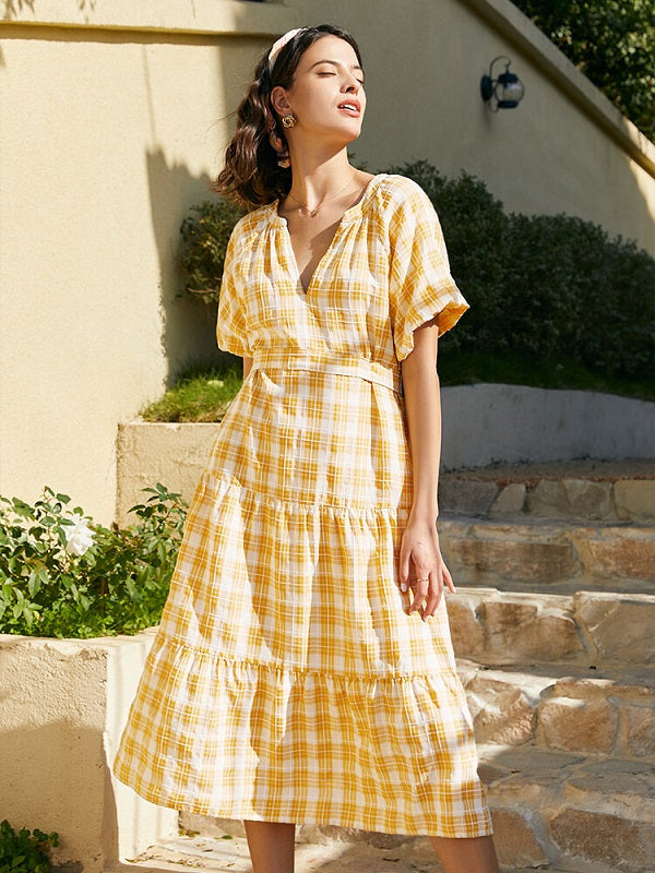 Check Print Tie Puff Sleeve V-neck Dress