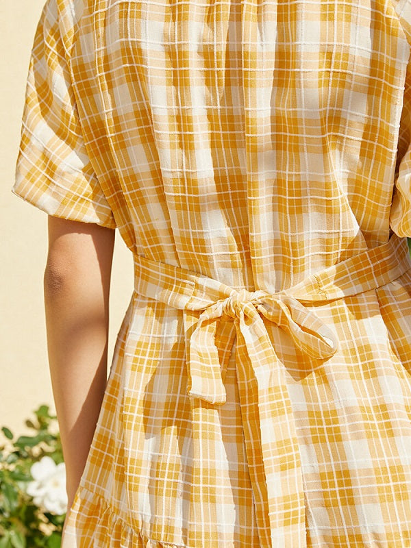 Check Print Tie Puff Sleeve V-neck Dress
