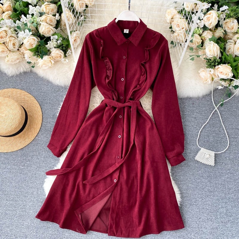 Chic Blouses Turn-down Collar Long Sleeve A-line Elegant Streetwear Dresses