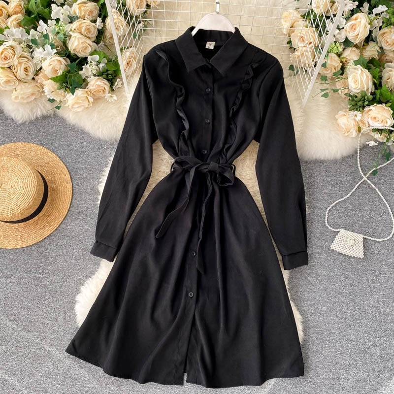Chic Blouses Turn-down Collar Long Sleeve A-line Elegant Streetwear Dresses