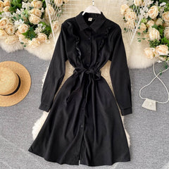 Chic Blouses Turn-down Collar Long Sleeve A-line Elegant Streetwear Dresses