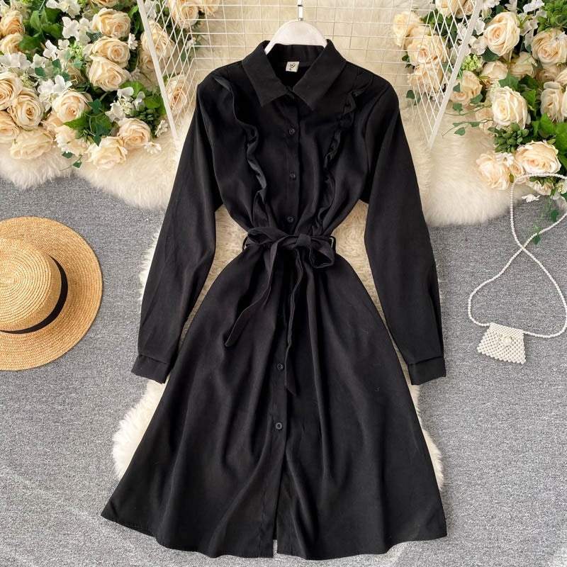 Chic Blouses Turn-down Collar Long Sleeve A-line Elegant Streetwear Dresses