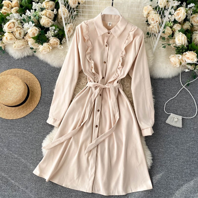Chic Blouses Turn-down Collar Long Sleeve A-line Elegant Streetwear Dresses