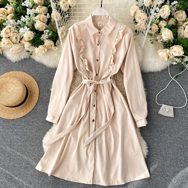 Chic Blouses Turn-down Collar Long Sleeve A-line Elegant Streetwear Dresses