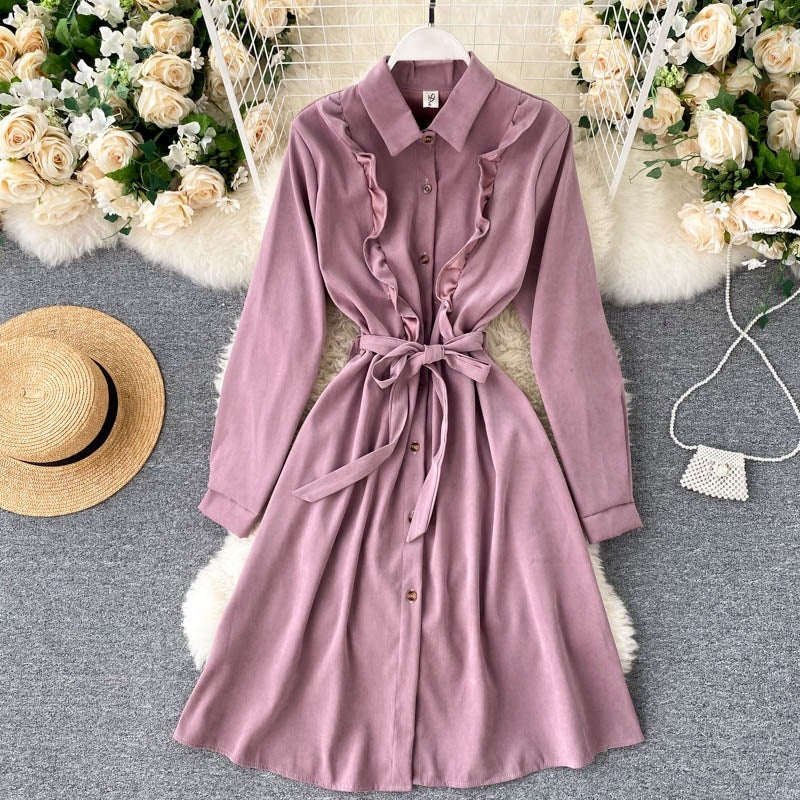 Chic Blouses Turn-down Collar Long Sleeve A-line Elegant Streetwear Dresses