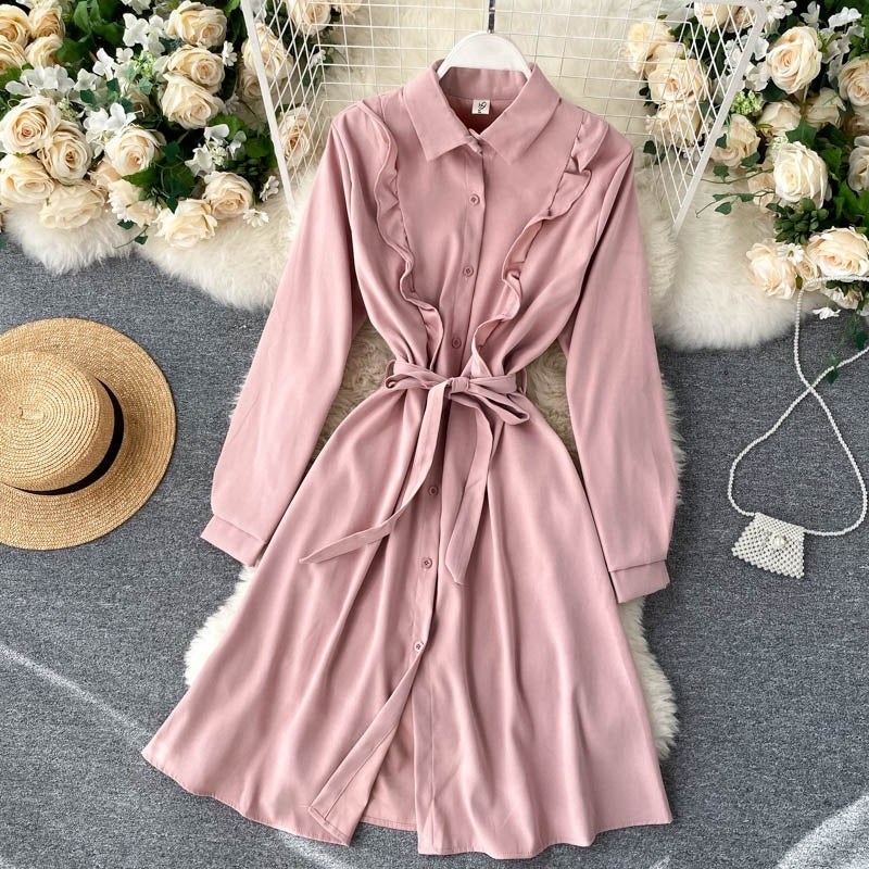 Chic Blouses Turn-down Collar Long Sleeve A-line Elegant Streetwear Dresses