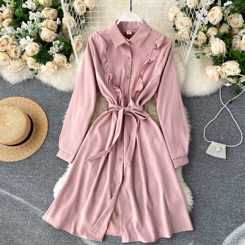 Chic Blouses Turn-down Collar Long Sleeve A-line Elegant Streetwear Dresses