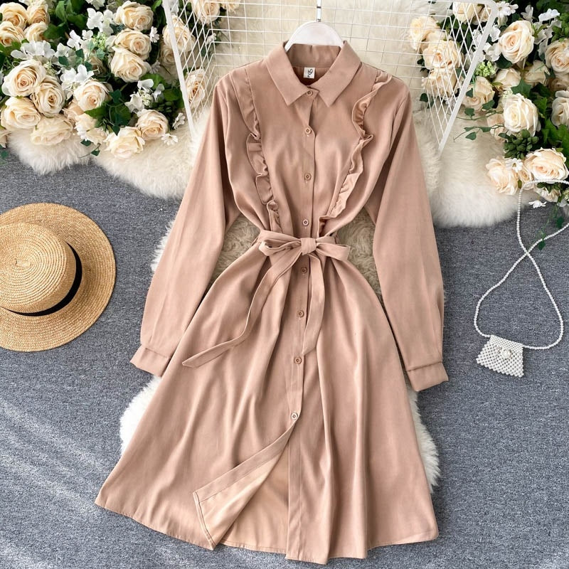 Chic Blouses Turn-down Collar Long Sleeve A-line Elegant Streetwear Dresses