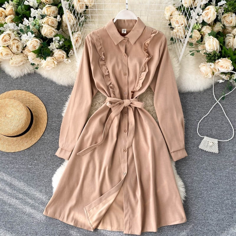 Chic Blouses Turn-down Collar Long Sleeve A-line Elegant Streetwear Dresses