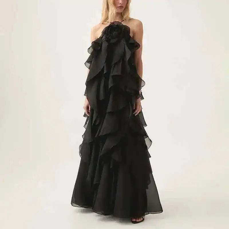 Chic Casual Elegant Patchwork Ruffles Sleeveless Solid Color Loose Long Backless Dress