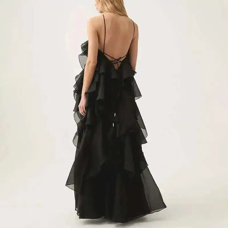 Chic Casual Elegant Patchwork Ruffles Sleeveless Solid Color Loose Long Backless Dress