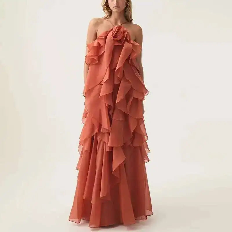 Chic Casual Elegant Patchwork Ruffles Sleeveless Solid Color Loose Long Backless Dress