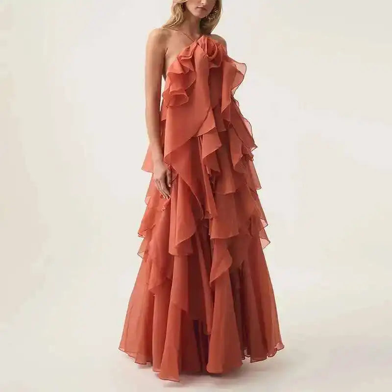 Chic Casual Elegant Patchwork Ruffles Sleeveless Solid Color Loose Long Backless Dress