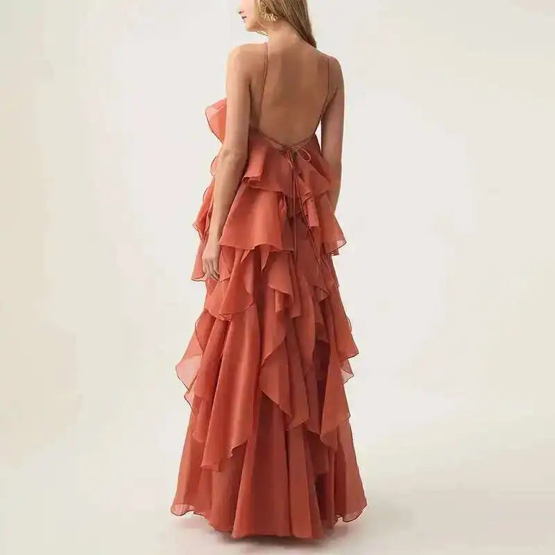 Chic Casual Elegant Patchwork Ruffles Sleeveless Solid Color Loose Long Backless Dress