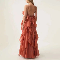 Chic Casual Elegant Patchwork Ruffles Sleeveless Solid Color Loose Long Backless Dress