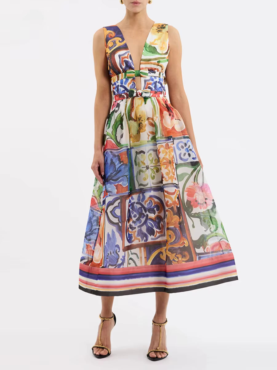 Chic Color Block V-Neck Spliced Bowknots High Waist Printed Bohemia Hollow Midi Dress